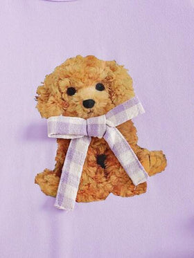 SHEIN Playful Pals مجموعة بيجامة بطبعة كلب كرتوني وفيونكة للبنات، تتكون من ملابس علوية كم طويل وبنطلون