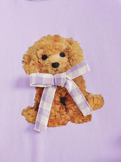 SHEIN Playful Pals مجموعة بيجامة بطبعة كلب كرتوني وفيونكة للبنات، تتكون من ملابس علوية كم طويل وبنطلون