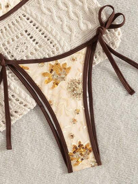 Bonvoyette بكيني بقطعتين للنساء مكون من لون أحادي شمبانيا عالي الجودة مطرز بترتر لامع، مناسب لحفلات الشاي بعد الظهر والتجمعات الاجتماعية، مع ربطة جانبية عالية القطع
