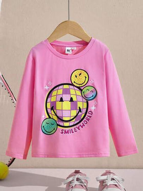SmileyWorld® | SHEIN بلوزة كاجوال فضفاضة بياقة مستديرة وأكمام طويلة منسوجة بنمط وجه فتاة كرتونية