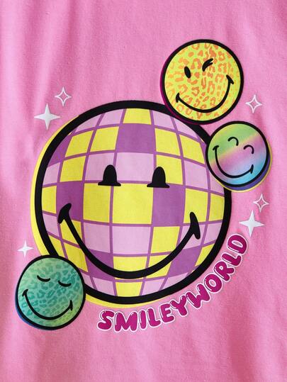 SmileyWorld® | SHEIN بلوزة كاجوال فضفاضة بياقة مستديرة وأكمام طويلة منسوجة بنمط وجه فتاة كرتونية
