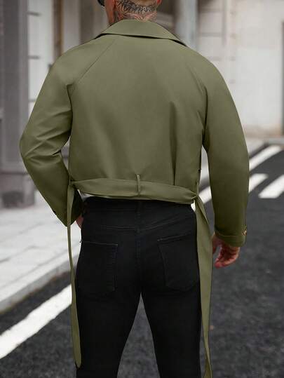 Manfinity Homme معطف كاجوال بأكمام طويلة وجيب أمامي بأزرار، مناسب كهدية للأصدقاء والأزواج والأحباء، باللون الأخضر الزيتوني، مناسب للخريف