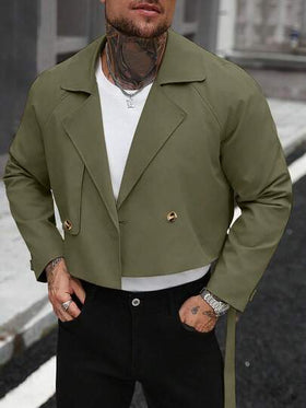 Manfinity Homme معطف كاجوال بأكمام طويلة وجيب أمامي بأزرار، مناسب كهدية للأصدقاء والأزواج والأحباء، باللون الأخضر الزيتوني، مناسب للخريف