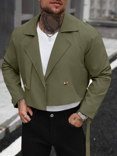 Manfinity Homme معطف كاجوال بأكمام طويلة وجيب أمامي بأزرار، مناسب كهدية للأصدقاء والأزواج والأحباء، باللون الأخضر الزيتوني، مناسب للخريف