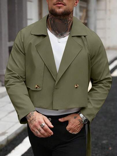 Manfinity Homme معطف كاجوال بأكمام طويلة وجيب أمامي بأزرار، مناسب كهدية للأصدقاء والأزواج والأحباء، باللون الأخضر الزيتوني، مناسب للخريف