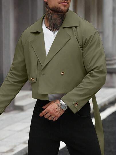 Manfinity Homme معطف كاجوال بأكمام طويلة وجيب أمامي بأزرار، مناسب كهدية للأصدقاء والأزواج والأحباء، باللون الأخضر الزيتوني، مناسب للخريف