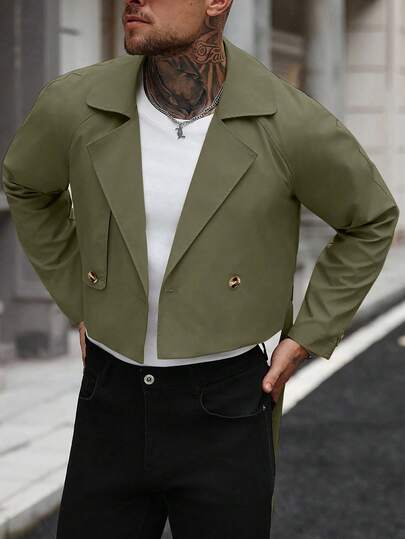 Manfinity Homme معطف كاجوال بأكمام طويلة وجيب أمامي بأزرار، مناسب كهدية للأصدقاء والأزواج والأحباء، باللون الأخضر الزيتوني، مناسب للخريف