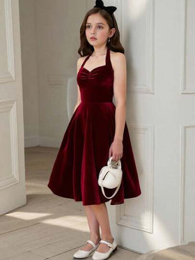 SHEIN فستان أنيق أحمر مخمل مع ربطة عنق للفتيات المراهقات