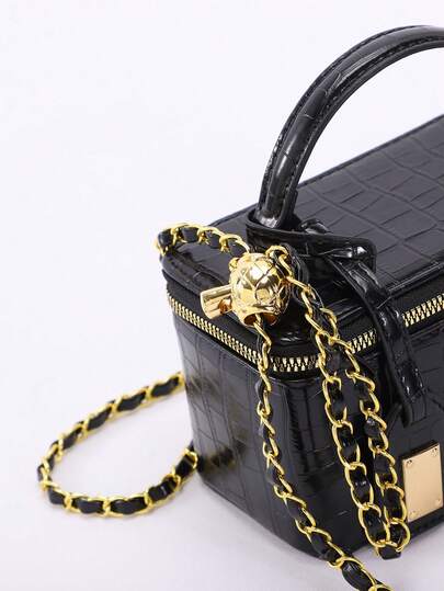 حقيبة مربعة صغيرة مزخرفة بطبعة التمساح الأسود عالية الجودة، حقيبة مربعة مبطنة من البولي يوريثان مخاطة بشكل ماسي عصري، حقيبة مربعة صغيرة متعددة الاستخدامات مع سحاب، حقيبة يد للنساء مع حزام كتف سلسلة