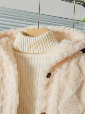 SHEIN كارديجان مقنع بأزرار من القماش المخملي ذو لون أحادي للفتيات المراهقات، خريف/شتاء