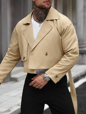 Manfinity Homme معطف كاجوال بأكمام طويلة وجيب أمامي بأزرار، معطف قصير من الفلانيل، مناسب كهدية لأصدقائك وأزواجك وأصدقائك في فصل الخريف