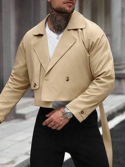 Manfinity Homme معطف كاجوال بأكمام طويلة وجيب أمامي بأزرار، معطف قصير من الفلانيل، مناسب كهدية لأصدقائك وأزواجك وأصدقائك في فصل الخريف