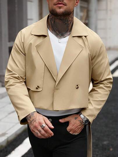 Manfinity Homme معطف كاجوال بأكمام طويلة وجيب أمامي بأزرار، معطف قصير من الفلانيل، مناسب كهدية لأصدقائك وأزواجك وأصدقائك في فصل الخريف