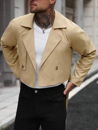 Manfinity Homme معطف كاجوال بأكمام طويلة وجيب أمامي بأزرار، معطف قصير من الفلانيل، مناسب كهدية لأصدقائك وأزواجك وأصدقائك في فصل الخريف