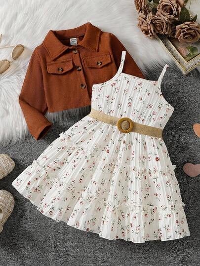 SHEIN Elladie kids طقم بدلة فتاة مكون من 2 قطعة، جاكيت كم طويل ياقة موضة مع فستان أنبوبي مطبوع بالأزهار، مناسب للارتداء اليومي والعطلات في فصلي الربيع والخريف