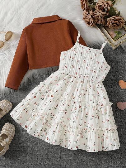 SHEIN Elladie kids طقم بدلة فتاة مكون من 2 قطعة، جاكيت كم طويل ياقة موضة مع فستان أنبوبي مطبوع بالأزهار، مناسب للارتداء اليومي والعطلات في فصلي الربيع والخريف