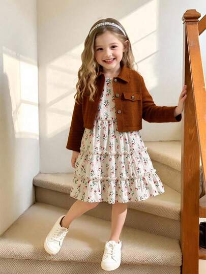 SHEIN Elladie kids طقم بدلة فتاة مكون من 2 قطعة، جاكيت كم طويل ياقة موضة مع فستان أنبوبي مطبوع بالأزهار، مناسب للارتداء اليومي والعطلات في فصلي الربيع والخريف