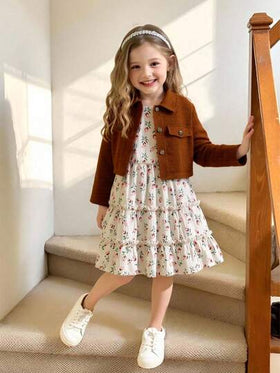 SHEIN Elladie kids طقم بدلة فتاة مكون من 2 قطعة، جاكيت كم طويل ياقة موضة مع فستان أنبوبي مطبوع بالأزهار، مناسب للارتداء اليومي والعطلات في فصلي الربيع والخريف