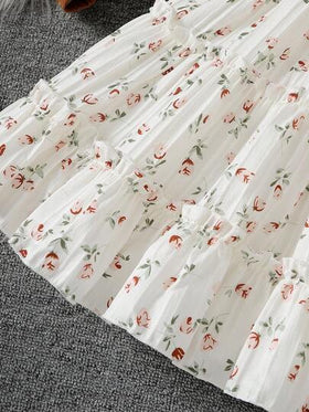 SHEIN Elladie kids طقم بدلة فتاة مكون من 2 قطعة، جاكيت كم طويل ياقة موضة مع فستان أنبوبي مطبوع بالأزهار، مناسب للارتداء اليومي والعطلات في فصلي الربيع والخريف
