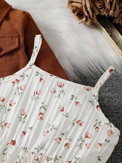 SHEIN Elladie kids طقم بدلة فتاة مكون من 2 قطعة، جاكيت كم طويل ياقة موضة مع فستان أنبوبي مطبوع بالأزهار، مناسب للارتداء اليومي والعطلات في فصلي الربيع والخريف