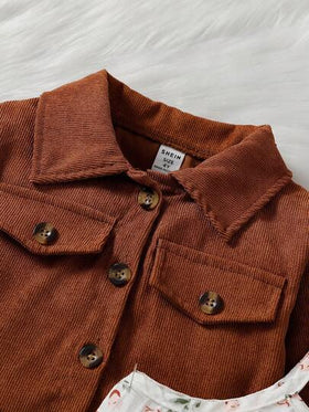 SHEIN Elladie kids طقم بدلة فتاة مكون من 2 قطعة، جاكيت كم طويل ياقة موضة مع فستان أنبوبي مطبوع بالأزهار، مناسب للارتداء اليومي والعطلات في فصلي الربيع والخريف