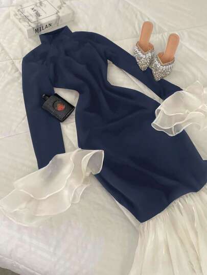 INAWLY فستان أنيق مناسب للنساء، بياقة عالية، تصميم ألوان متباينة، أكمام واسعة، وذيل مخروطي الشكل