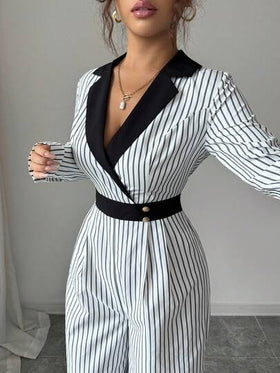 Rafferiza جمبسوت كاجوال للنساء للشتاء بياقة منقلبة، أكمام طويلة، خصر مربوط، بتصميم لوحات ملونة وخطوط