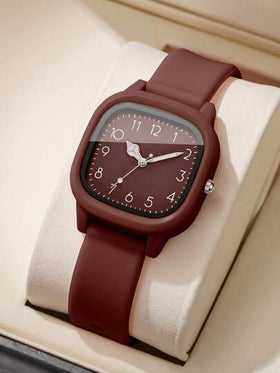 ساعة نسائية كوارتز من السيليكون، قرص مربع بتصميم بسيط وأنيق، ساعة معصم كلاسيكية (قطعة واحدة/مجموعة)، علبة الساعة غير مشمولة