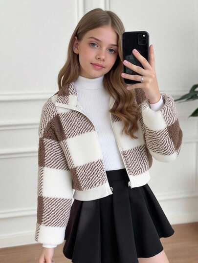 SHEIN Serisse Kids معطف قصير من الفليس مع طوق عالي بأكمام طويلة للفتيات المراهقات، مناسب للخريف والشتاء، معطف كاجوال مربع، خريف وشتاء، متطابق مع الأم والابنة، خريف وشتاء