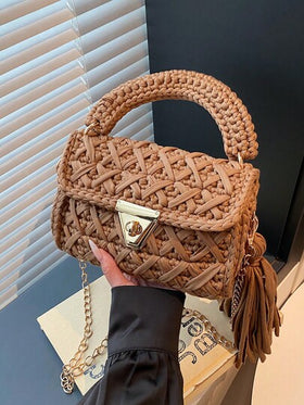 1 قطعة حقيبة كتف/حقيبة يد مصنوعة يدويًا بتصميم مُنسوج مخطط، سعة كبيرة وتصميم جذاب وعملي بطراز الدوبامين، هدية رائعة للأصدقاء