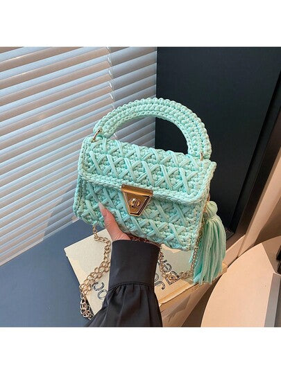 1 قطعة حقيبة كتف/حقيبة يد مصنوعة يدويًا بتصميم مُنسوج مخطط، سعة كبيرة وتصميم جذاب وعملي بطراز الدوبامين، هدية رائعة للأصدقاء