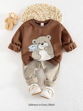 Cozy Pixies مجموعة ملابس علوية كم طويل بياقة طاقم وبنطال ذو لون أحادي للأطفال الصبيان، مزينة بنقشة الدب الكرتونية، مبطنة بالحرارة وقطنية ناعمة