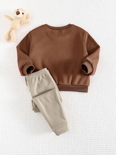 Cozy Pixies مجموعة ملابس علوية كم طويل بياقة طاقم وبنطال ذو لون أحادي للأطفال الصبيان، مزينة بنقشة الدب الكرتونية، مبطنة بالحرارة وقطنية ناعمة