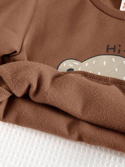 Cozy Pixies مجموعة ملابس علوية كم طويل بياقة طاقم وبنطال ذو لون أحادي للأطفال الصبيان، مزينة بنقشة الدب الكرتونية، مبطنة بالحرارة وقطنية ناعمة