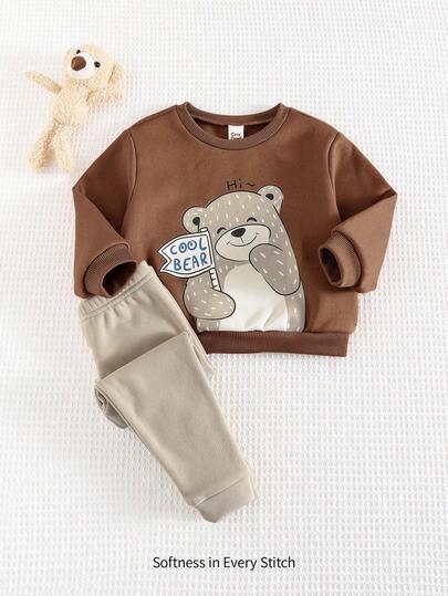 Cozy Pixies مجموعة ملابس علوية كم طويل بياقة طاقم وبنطال ذو لون أحادي للأطفال الصبيان، مزينة بنقشة الدب الكرتونية، مبطنة بالحرارة وقطنية ناعمة