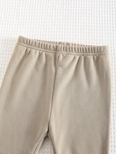 Cozy Pixies مجموعة ملابس علوية كم طويل بياقة طاقم وبنطال ذو لون أحادي للأطفال الصبيان، مزينة بنقشة الدب الكرتونية، مبطنة بالحرارة وقطنية ناعمة