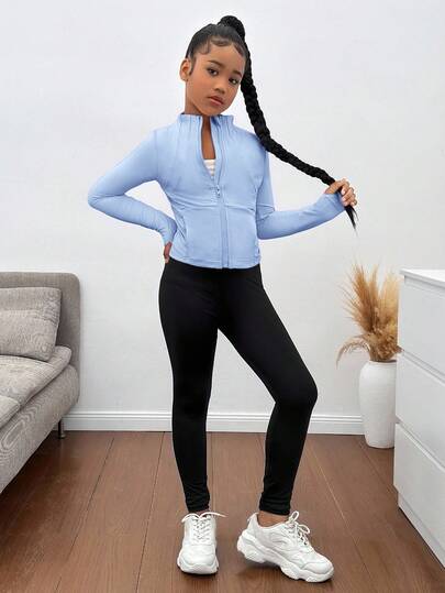 SHEIN معطف رياضي خفيف الوزن مع سحاب للفتيات المراهقات، جاكيت رياضية ضيقة للجري والجيم والرياضات الشتوية والخريفية