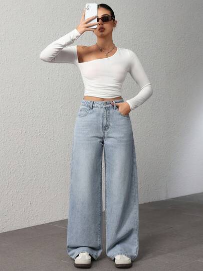 SHEIN PETITE بنطلون جينز نسائي واسع الساق مغسول بشكل عادي