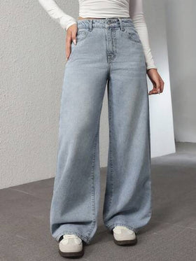 SHEIN PETITE بنطلون جينز نسائي واسع الساق مغسول بشكل عادي