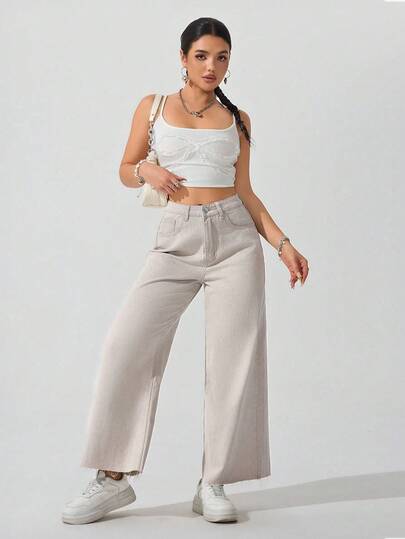 SHEIN ICON بنطلون جينز نسائي بخصر مطاطي وحافة مبهتة، رمادي فاتح