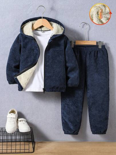 SHEIN Genkimix Kids مجموعة جاكيت وبنطلون من الفليس للأولاد الصغار بتصميم بسيط، مناسبة للاسترخاء والتشمس والمدرسة في فصلي الخريف والشتاء، 2 قطعة/مجموعة