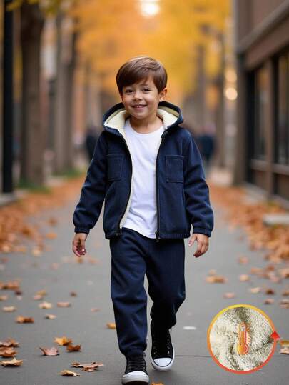 SHEIN Genkimix Kids مجموعة جاكيت وبنطلون من الفليس للأولاد الصغار بتصميم بسيط، مناسبة للاسترخاء والتشمس والمدرسة في فصلي الخريف والشتاء، 2 قطعة/مجموعة