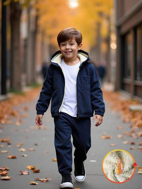 SHEIN Genkimix Kids مجموعة جاكيت وبنطلون من الفليس للأولاد الصغار بتصميم بسيط، مناسبة للاسترخاء والتشمس والمدرسة في فصلي الخريف والشتاء، 2 قطعة/مجموعة