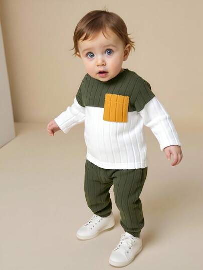 SHEIN Playful Pals مجموعة بنطلون ولباس علوي طويلة الأكمام للأطفال الصبيان 2 قطعة، ملابس علوية ملونة وبنطلون مخطط مع جيب أصفر، مناسبة للاستخدام اليومي الكاجوال في فصل الخريف