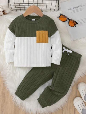 SHEIN Playful Pals مجموعة بنطلون ولباس علوي طويلة الأكمام للأطفال الصبيان 2 قطعة، ملابس علوية ملونة وبنطلون مخطط مع جيب أصفر، مناسبة للاستخدام اليومي الكاجوال في فصل الخريف