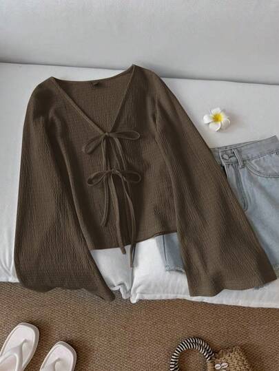 SHEIN LUNE ملابس علوية كاجوال للنساء بأكمام واسعة وربطة عنق، لون بني داكن، ملابس كوتاجكور، ملابس علوية بني شوكولاتة، كاجوال