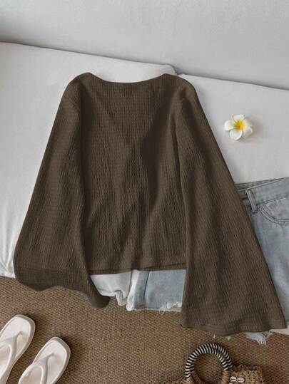 SHEIN LUNE ملابس علوية كاجوال للنساء بأكمام واسعة وربطة عنق، لون بني داكن، ملابس كوتاجكور، ملابس علوية بني شوكولاتة، كاجوال