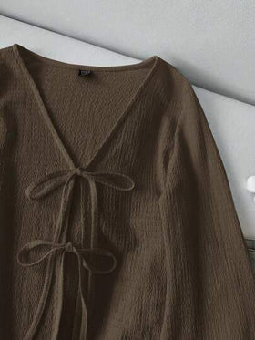 SHEIN LUNE ملابس علوية كاجوال للنساء بأكمام واسعة وربطة عنق، لون بني داكن، ملابس كوتاجكور، ملابس علوية بني شوكولاتة، كاجوال