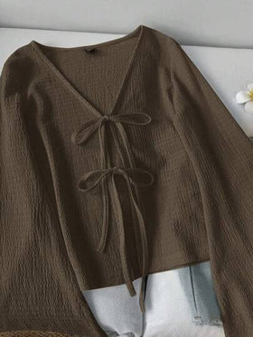 SHEIN LUNE ملابس علوية كاجوال للنساء بأكمام واسعة وربطة عنق، لون بني داكن، ملابس كوتاجكور، ملابس علوية بني شوكولاتة، كاجوال