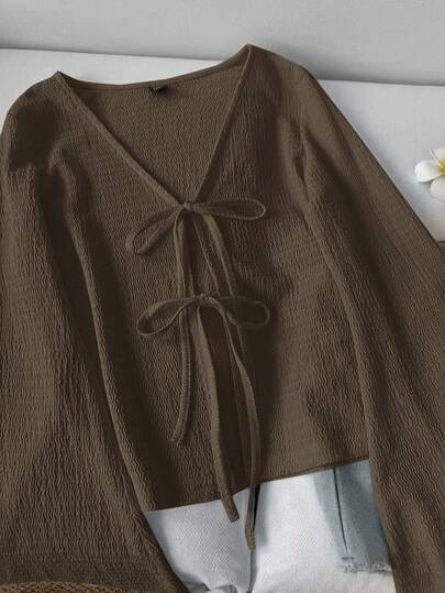 SHEIN LUNE ملابس علوية كاجوال للنساء بأكمام واسعة وربطة عنق، لون بني داكن، ملابس كوتاجكور، ملابس علوية بني شوكولاتة، كاجوال